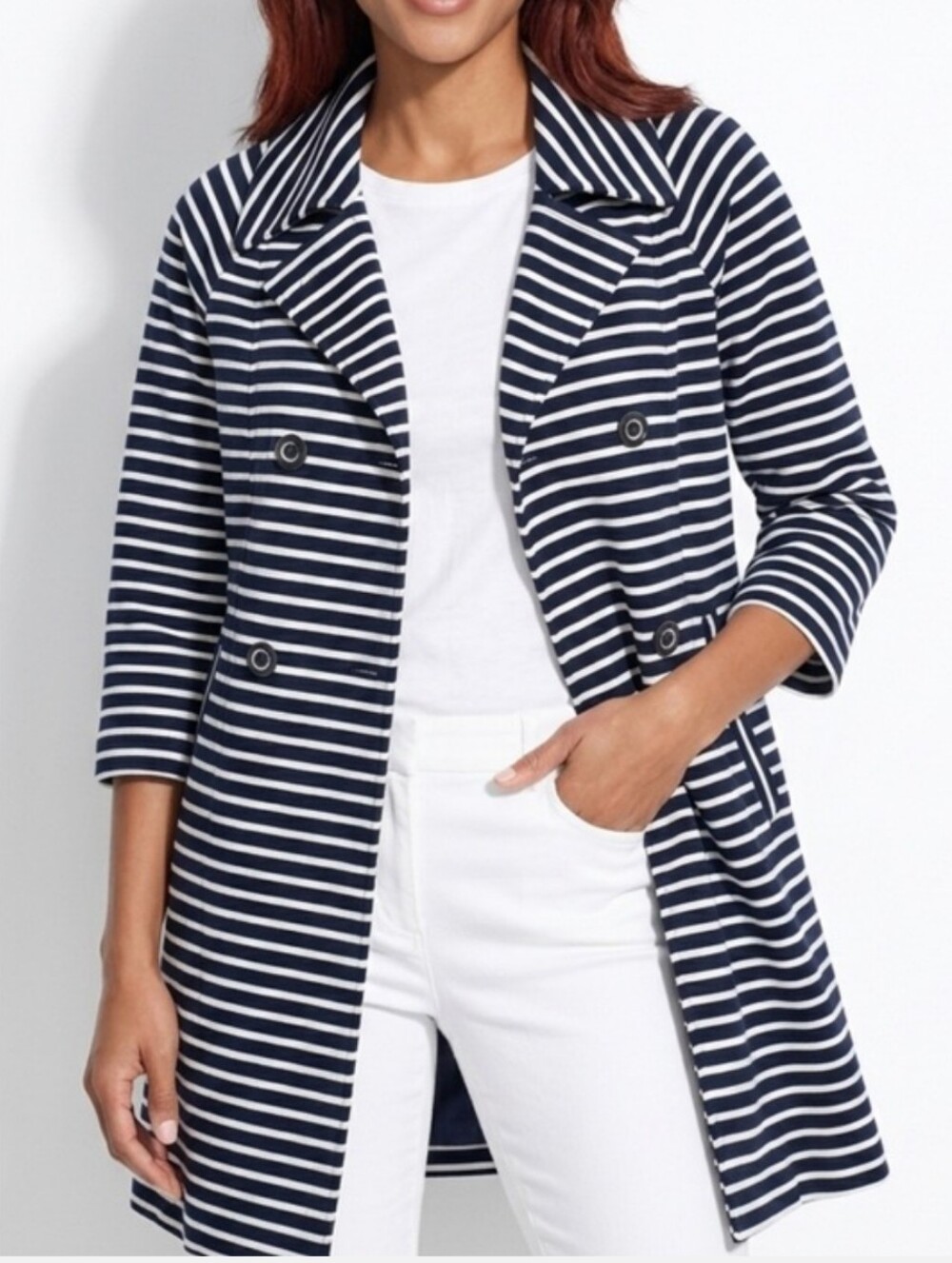 CAbi Maritime Navy & White Striped Double Breasted Trench Coat